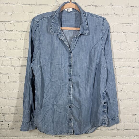 Crown & Ivy Blouse Women Large Chambray Lyocell Denim Button Long Sleeve Top - Picture 1 of 10